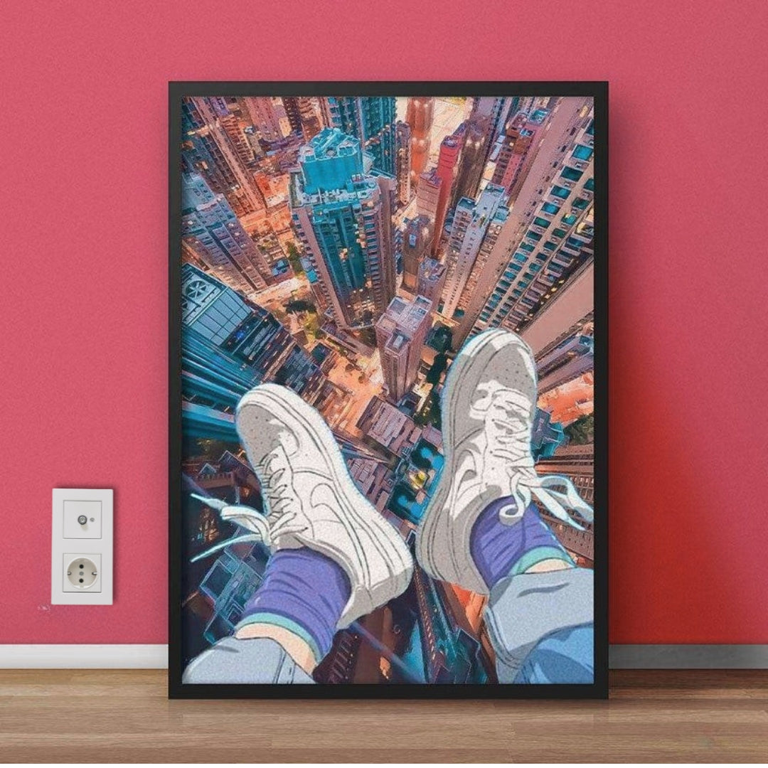 Anime Style Selfie on City Skyline Wall Art