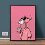 Cool Pink Panther Sipping Boba Tea | Artistic Wall Art