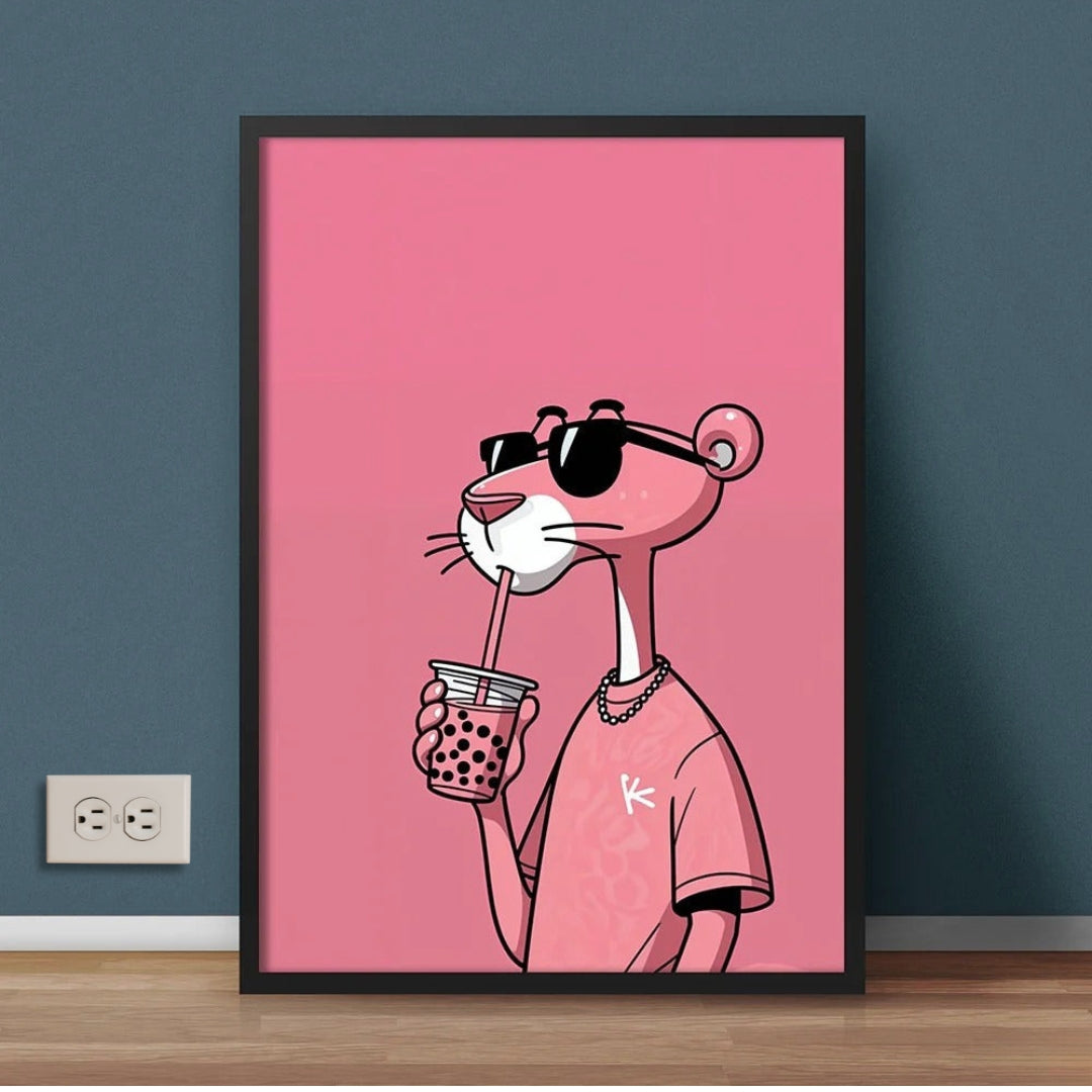 Cool Pink Panther Sipping Boba Tea | Artistic Wall Art