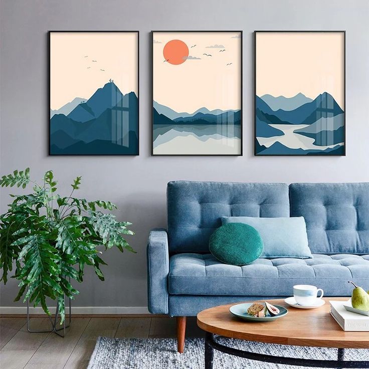 Abstract Blue Theme Lake & Mountains Canvas - Pack of 3