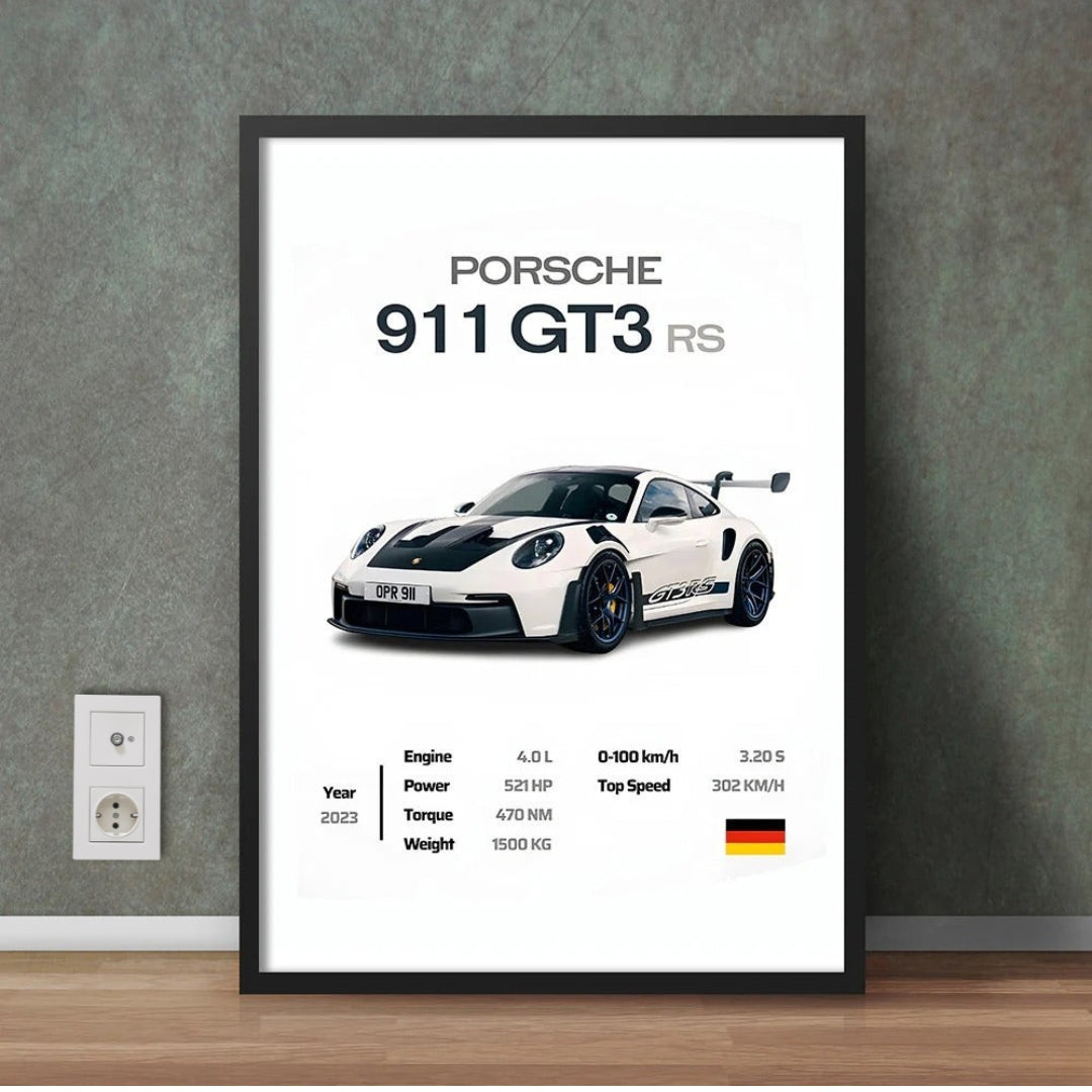 White Porsche 911 GT3 RS 2023 With Specs | Game Room Wall Art