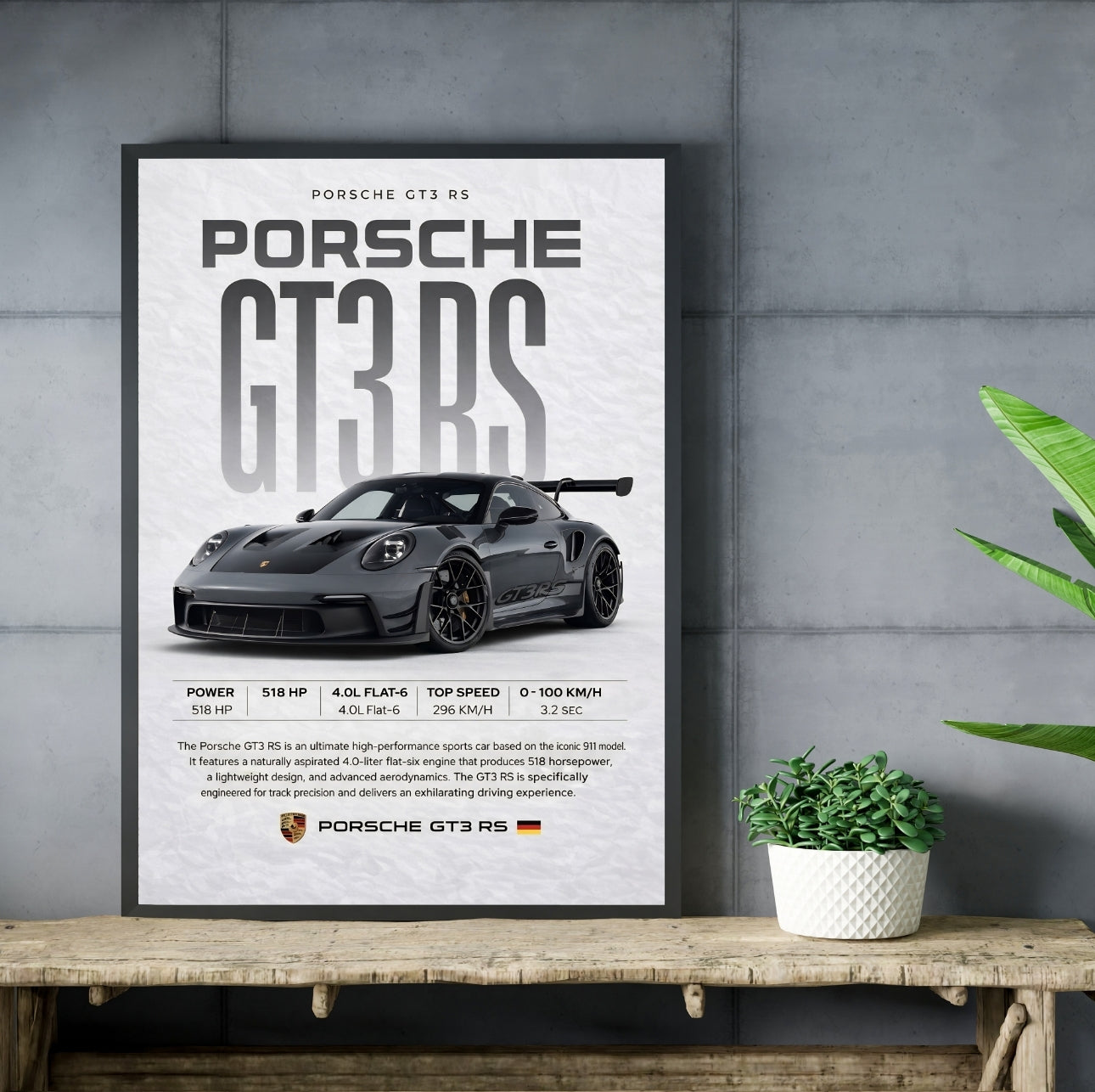 Dark Gray GT3 RS Porsche Wall Decor Frame
