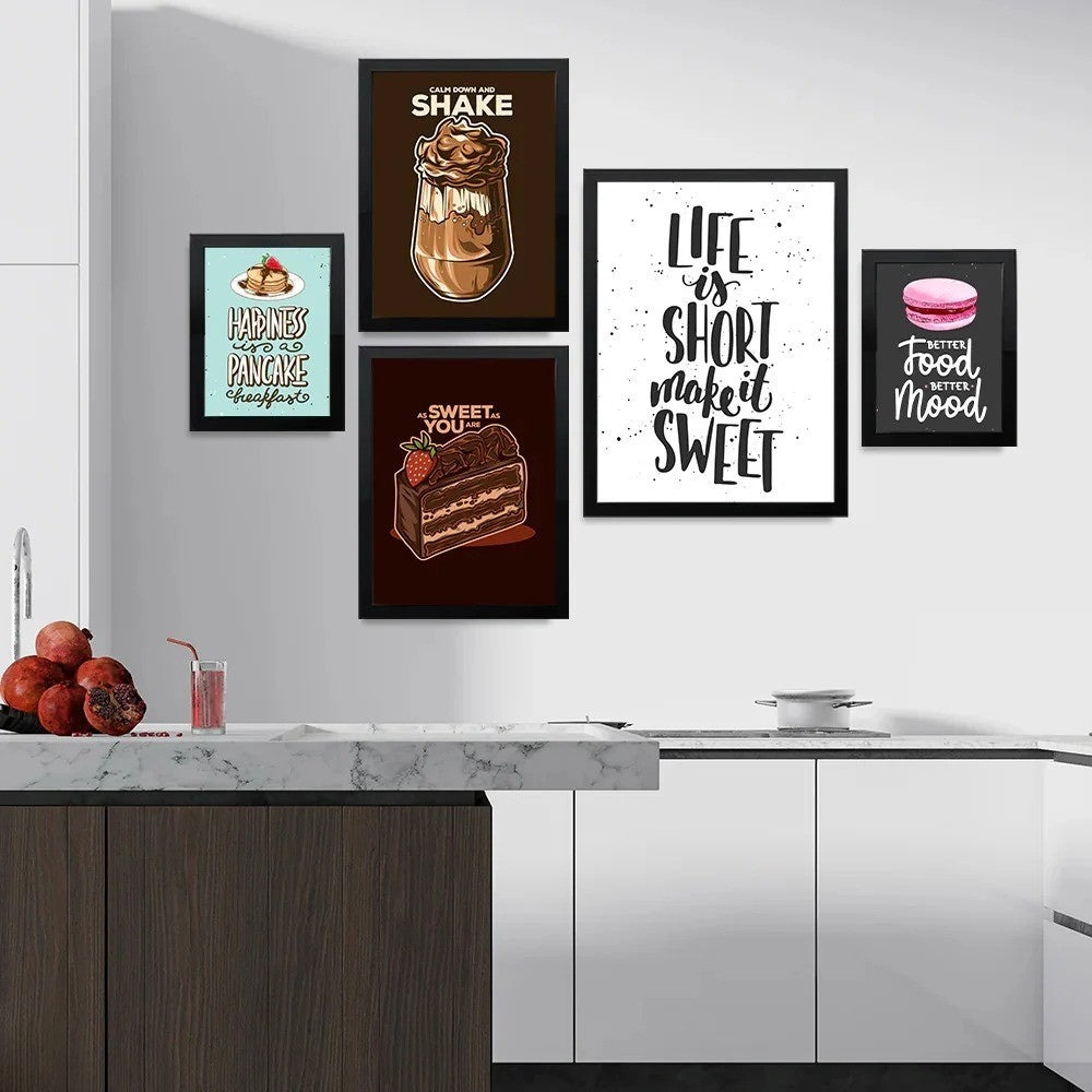 'Life Is Short Make It Sweet' - Wall Frames for Kitchen - Pack of 5