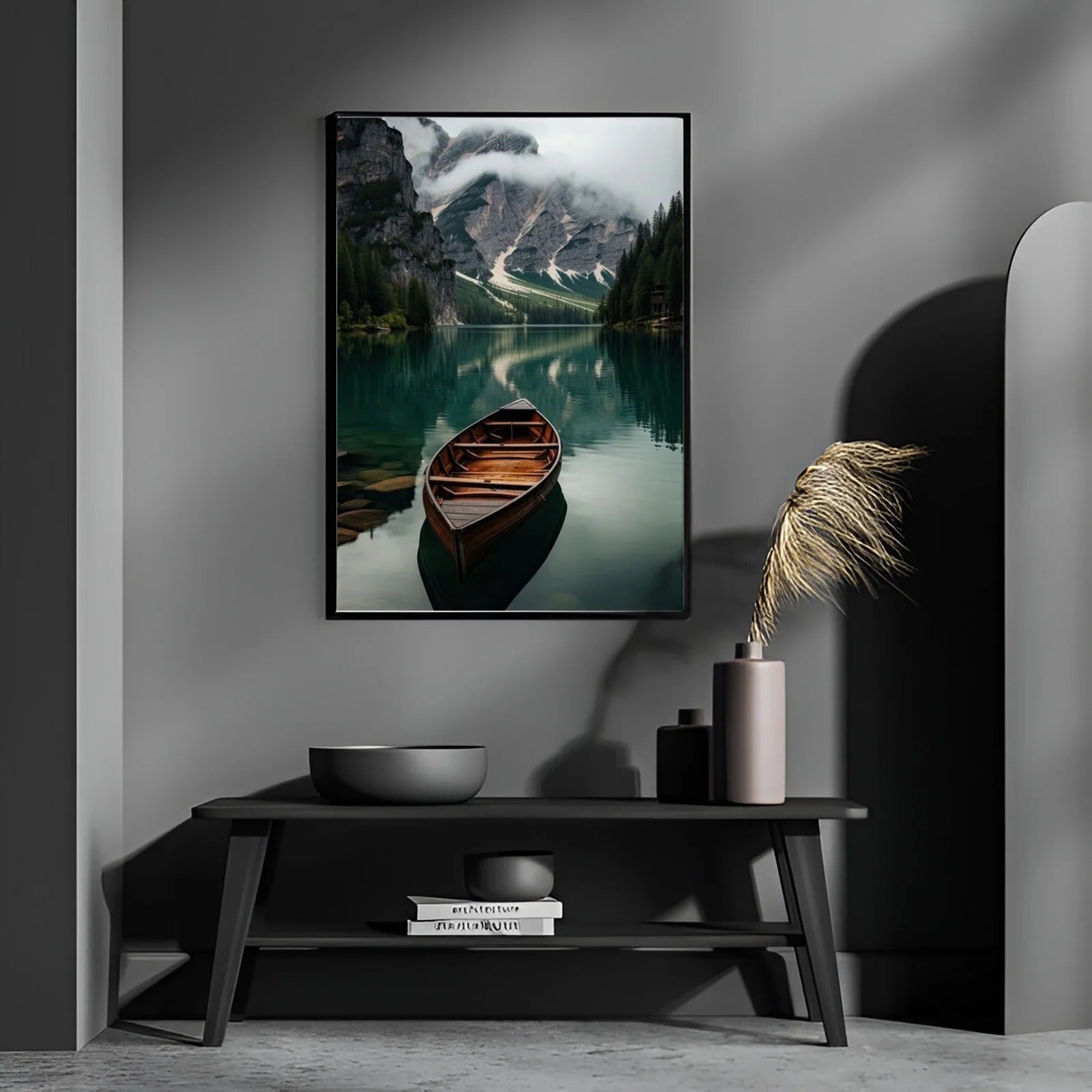 Scenic Mountain Lake and Wooden Boat Wall Art Frame