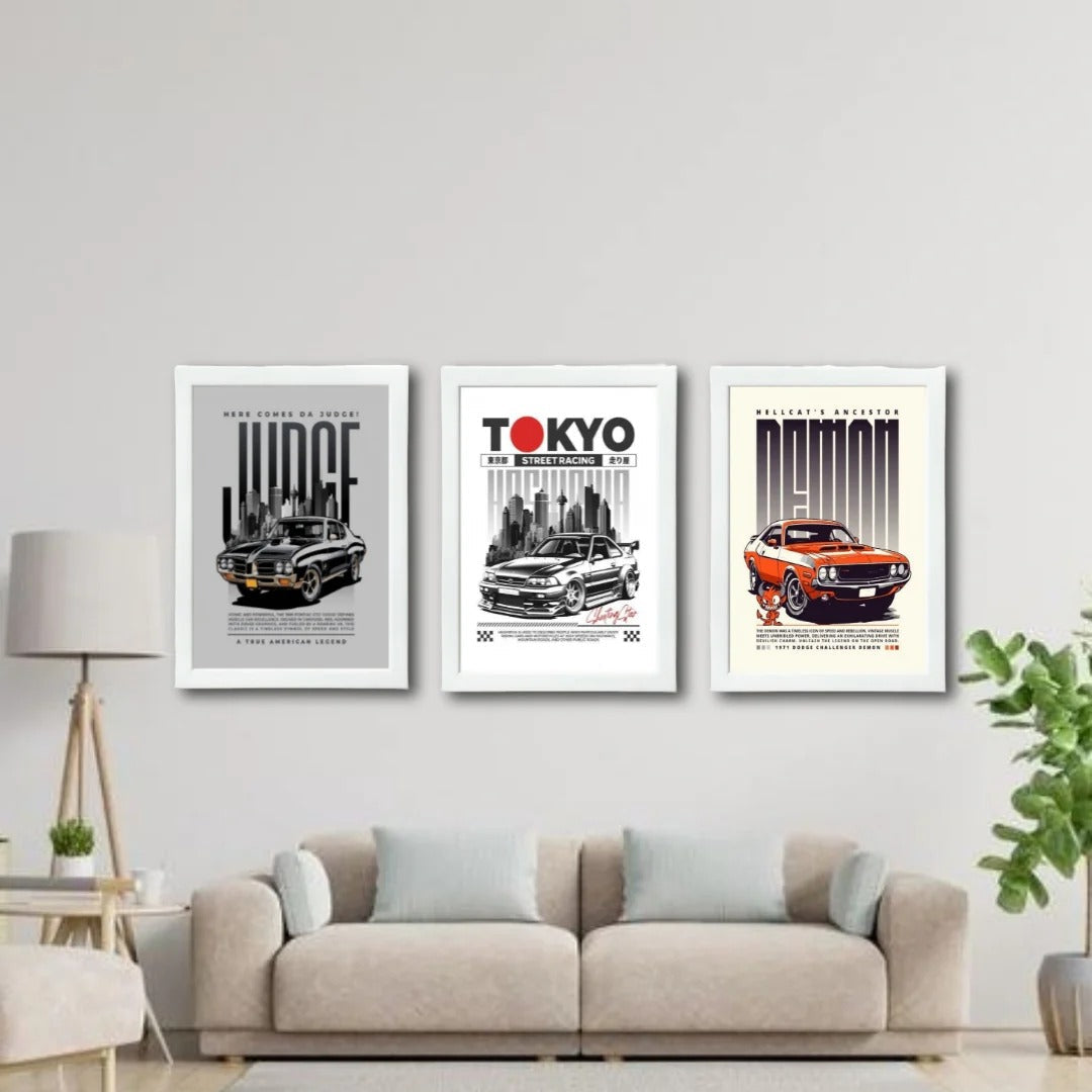 Street Cars Aesthetic Wall Decor Frames - Pack of 3