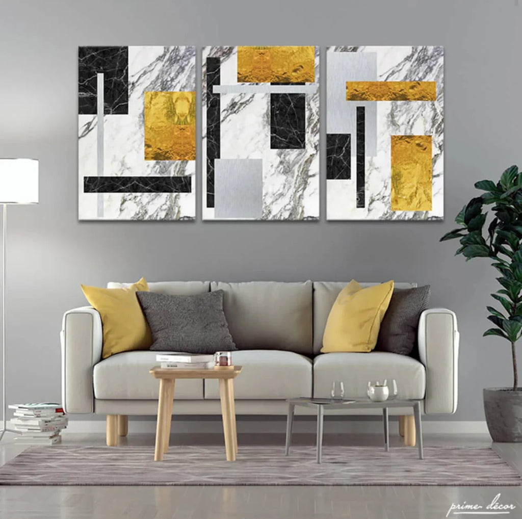 Yellow, White, and Black Abstract Wall Art - Pack of 3