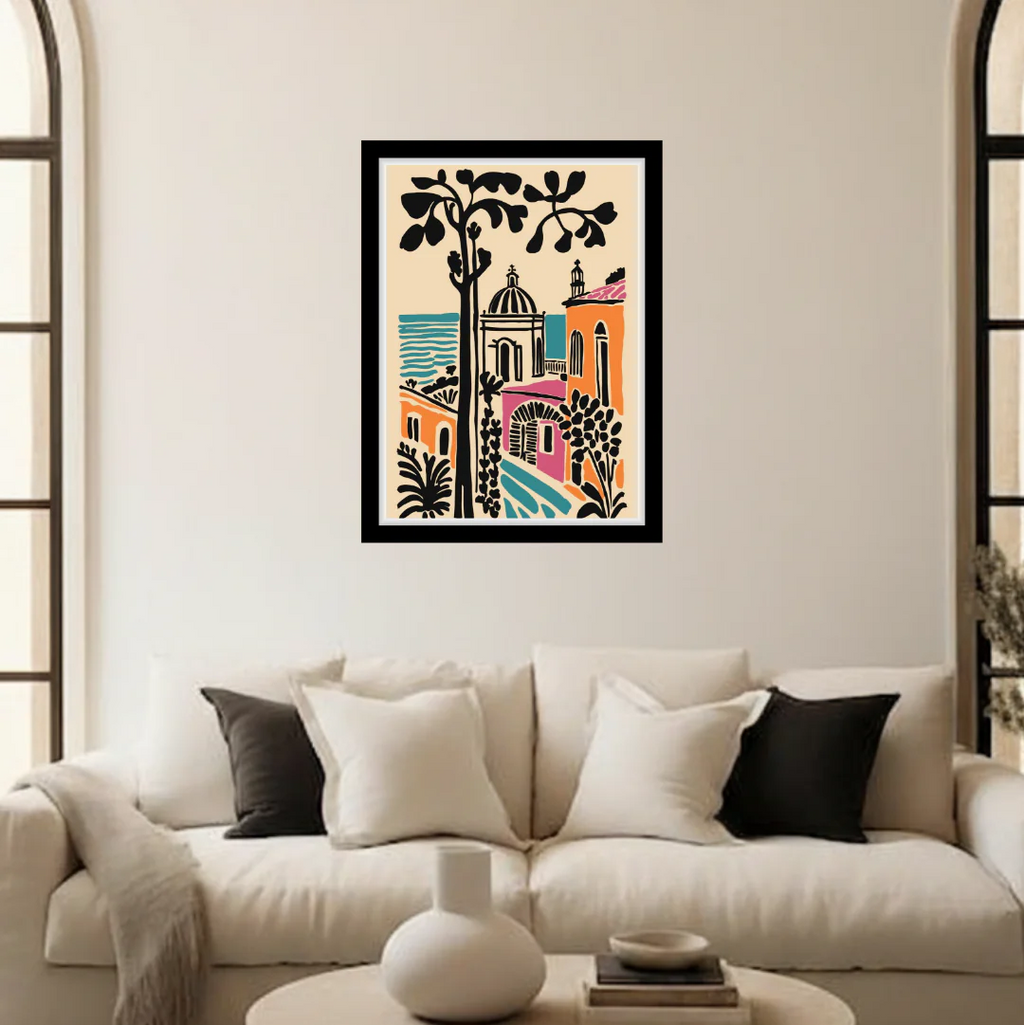 Mediterranean Coastal Town Abstract Wall Decor Frame